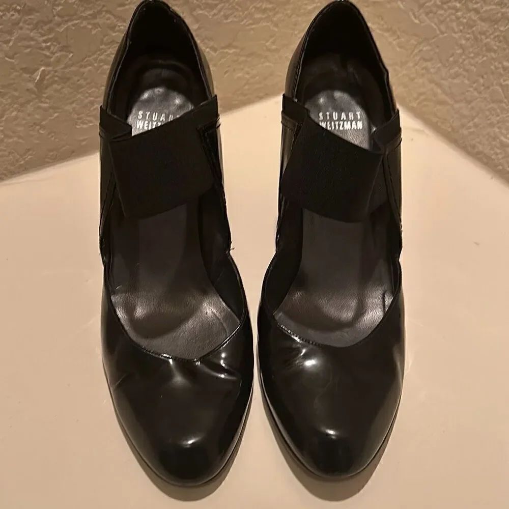 Stuart Weitzman Women's 8 D'Orsay Pump Heels Patent Glossy Black Leather Classy